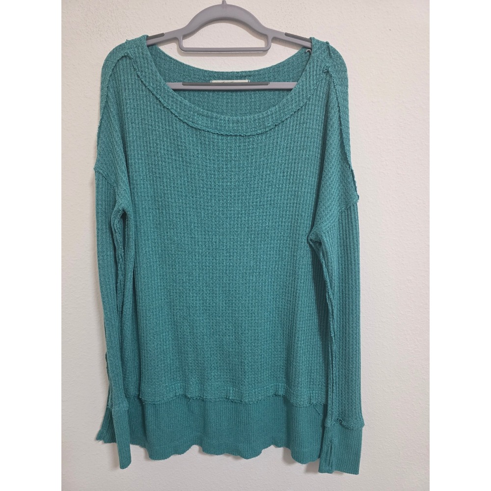 We The Free Teal Waffle Knit Long Sleeve Top Oversized Relaxed‎ Fit